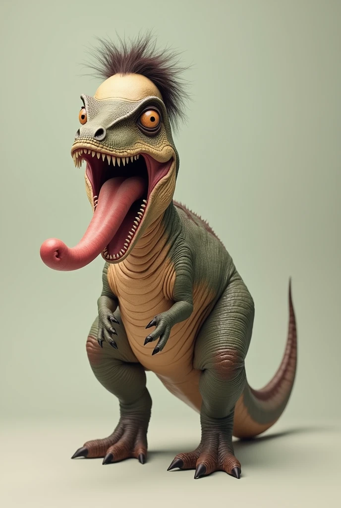 a dinosaur with a big tongue sticking out of an anus and hair forming a bald spot