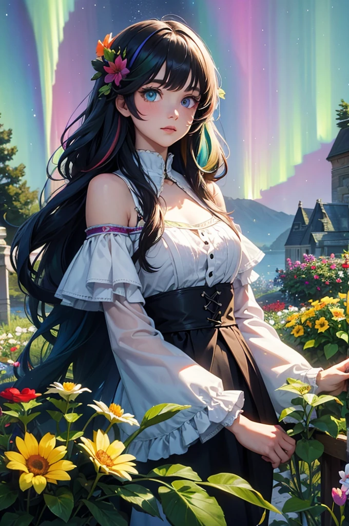 Long-haired rainbow-colored girl, heterochromia, upper body, flower garden, big flower, fantasy, Aurora