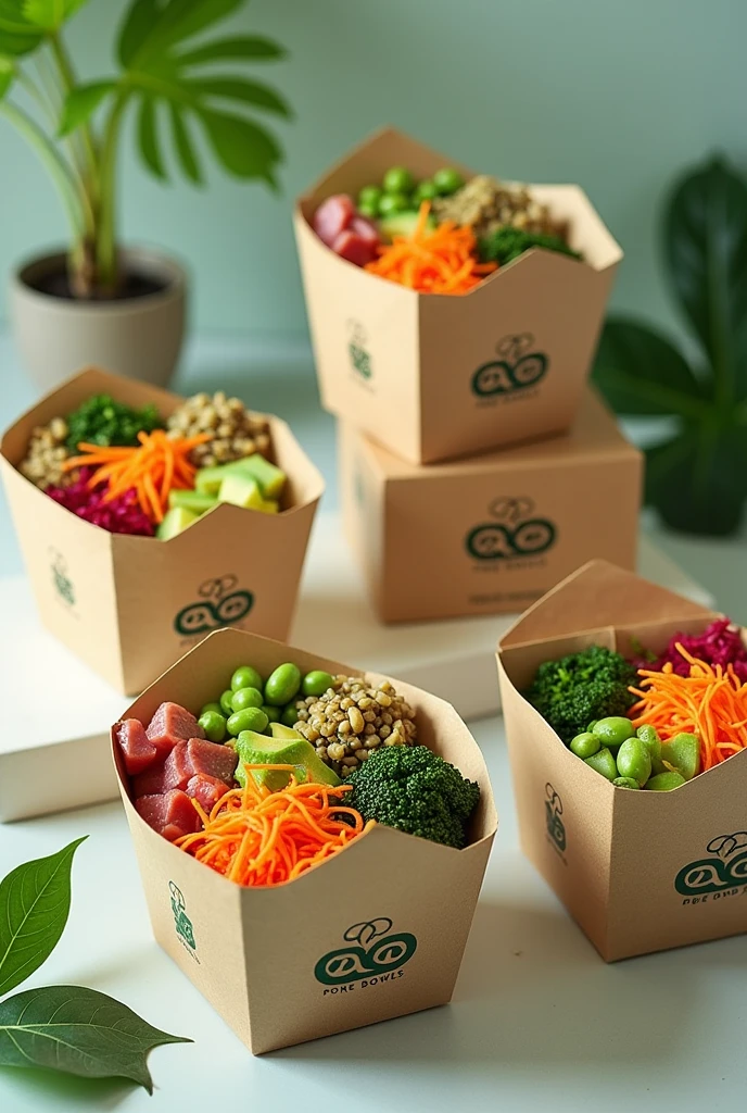 Create poke bowls with packaging that says “Eco Poke Bowls” and a logo