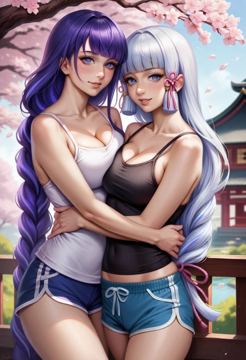 Kamisato ayaka, raiden shogun, hugging, mature, blue eyes, sexy lips, long eyelashes, tank top spaghetti strap, dolphin shorts, house clothes, lovely expression, seducing , smile, flowing hair, intricate hair ornamentsnatural lighting, vibrant colors, cinematic composition, fantasy landscape, cherry blossoms, ornate architecture, (best quality,masterpiece:1.2),ultra-detailed,(realistic,photorealistic,photo-realistic:1.37