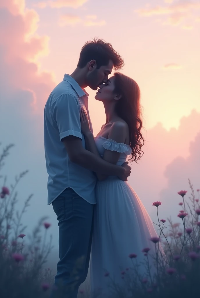 Image of a couple hugging from behind:
- Image: A couple hugging from behind, with the woman slightly leaning towards the man. The image should convey a feeling of nostalgia and longing..
- Color: Soft color palette like pinks, blues and whites. The background could have a blurred effect to create a dreamy feel..
- Contrast: The silhouette of the couple should stand out in contrast to the background, creating a sense of depth and mystery.