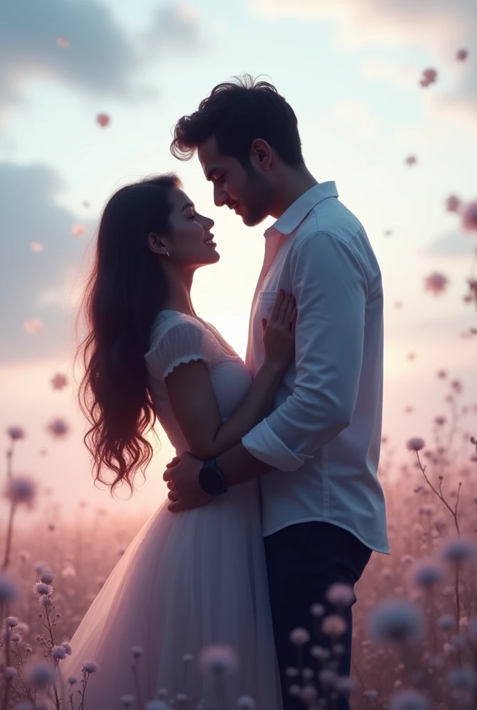 Image of a couple hugging from behind:
- Image: A couple hugging from behind, with the woman slightly leaning towards the man. The image should convey a feeling of nostalgia and longing..
- Color: Soft color palette like pinks, blues and whites. The background could have a blurred effect to create a dreamy feel..
- Contrast: The silhouette of the couple should stand out in contrast to the background, creating a sense of depth and mystery.