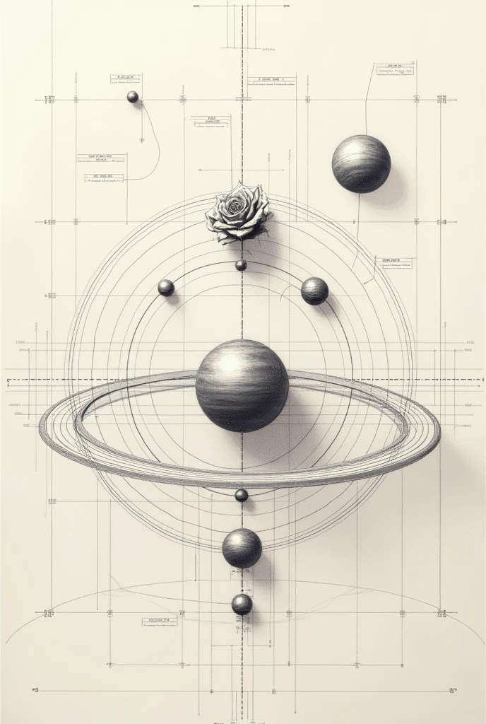 Architectural plans of a model of the solar system where the planets move, with a rose above the central planet. Draw it in pencil and make the drawing flat.