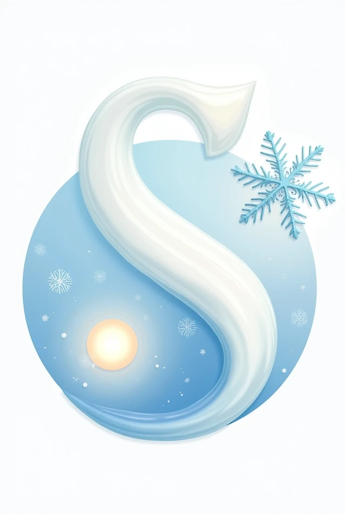 A letra "S" that starts from top to bottom in white and ends in light blue. On its upper right side is a light blue snowflake and on its lower left side is a sun.. And a light blue circle outlining all the elements.