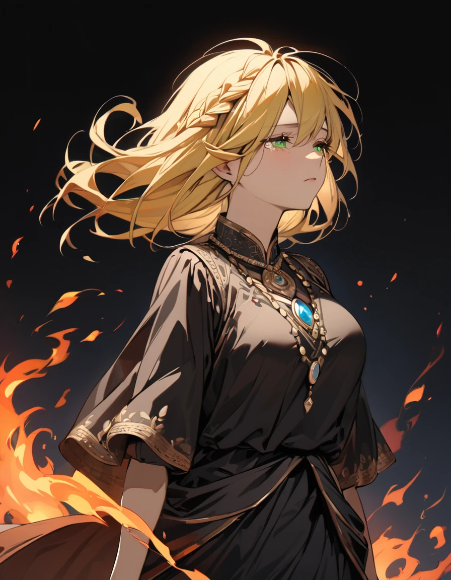 (masterpiece)、(absurdres)、(ultra detailed)、(8k),Anatomically correct,(solo woman:1.1,long yellow hair:1.1,hair between eyes,frech braid,big breast:0.9,BREAK,green eyes,(),little round sapphire pendant:0.9,(),black stripes indian costume:1.1,(),upperbody shot:1.2,looking away,looking up:1.0,half-closed eyes,Expressionless,tears,walking,Magical flames float around:1.2,simple darkness background,in the darkness:1.2,