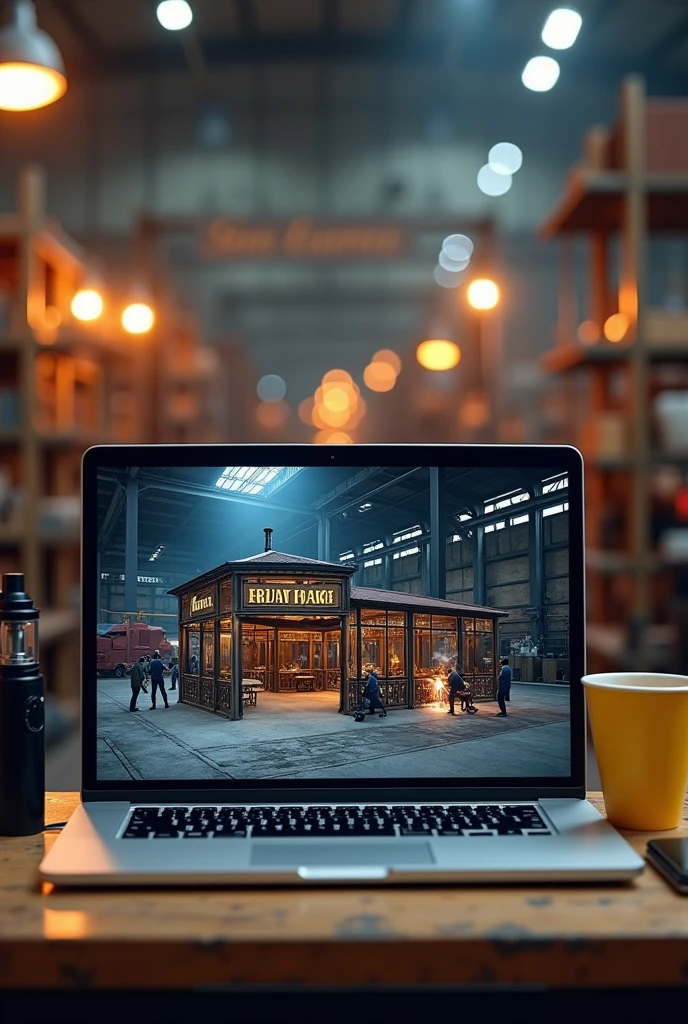 Laptop screen shot showing 3d design of iron frame cafe. Beside the laptop is a black vape the size of a finger and a yellow coffee cup.. Behind the laptop there are several welders welding iron fences and canopies in a large warehouse with lots of iron poles., there is a metal sign that says Las Vegas Workshop