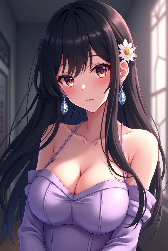 Long hair, blush, , black hair, Flower hair ornament , Closed mouth, earrings, tender, big breasts, earrings de cristal, highly strung, anime style, with room background , lilac dress, 