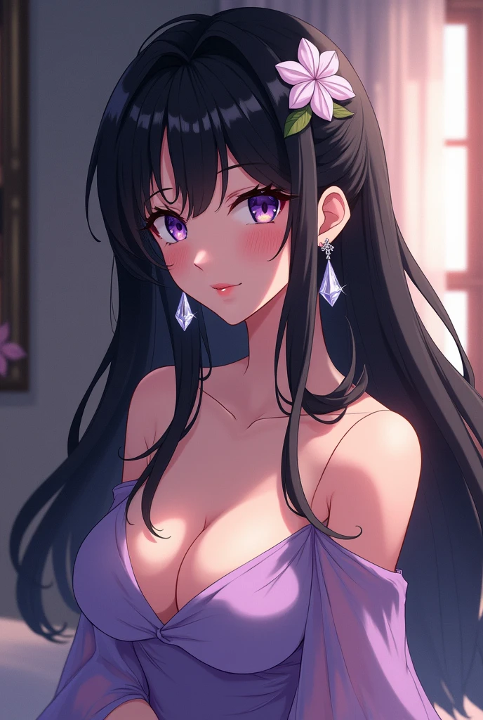 Long hair, blush, , black hair, Flower hair ornament , Closed mouth, earrings, tender, big breasts, earrings de cristal, highly strung, anime style, with room background , lilac dress,