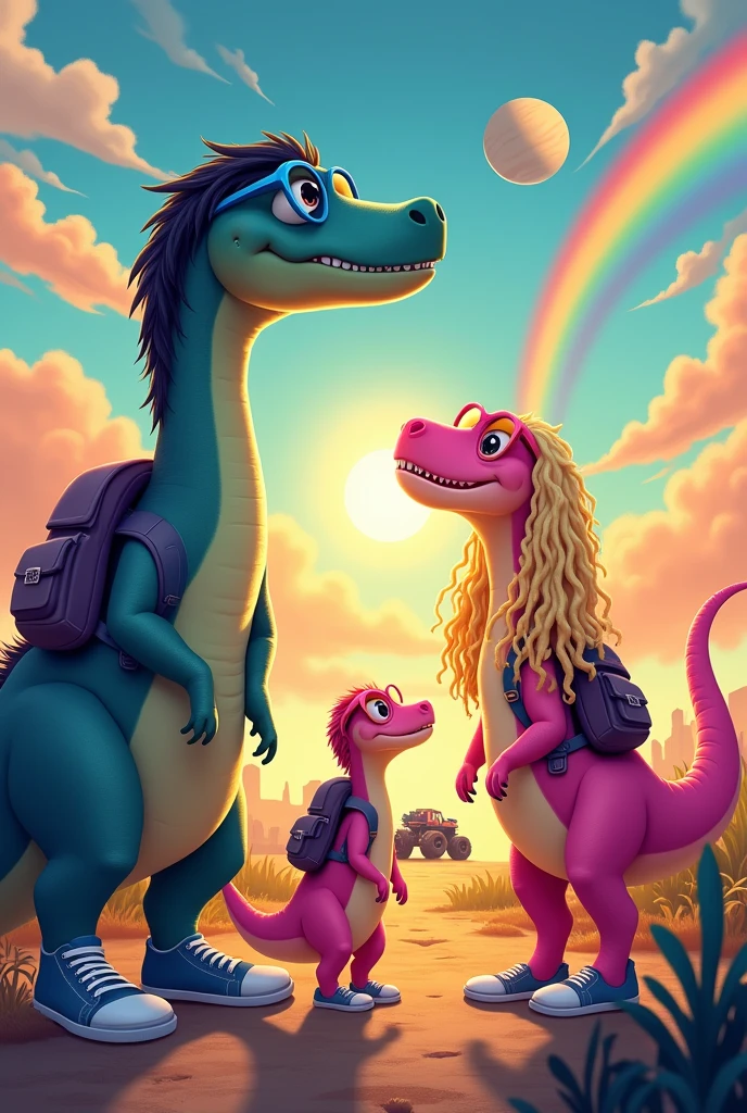 Father dinosaurs high, Bblack hair, Wearing blue glasses, wearing sneakers, gray backpack. Tall beautiful pink dinosaur mother, long curly blonde hair, Wearing Pink Glasses, turned legs, wearing sneakers, black backpack. Pink Dinosaur Daughter, Wearing Pink Glasses, long black curly hair, wearing sneakers,  pink backpack. Bright orange sun in the sky, very beautiful rainbow, medium moon and Jupiter. Monster truck car behind and trail landscape. Disney  style.