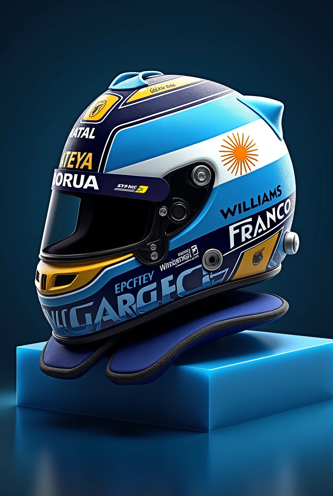 Could you generate the official helmet for the 2024 F1 season of Argentine Franco Colapinto in Williams? Add details that refer to Argentine sport. Dress from different angles. Dark blue background in gradient to light blue