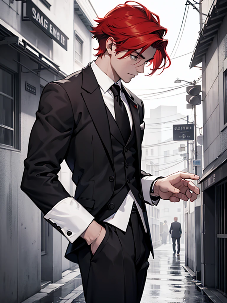 1 guy with short red hair, in a classic black and white suit, dynamics