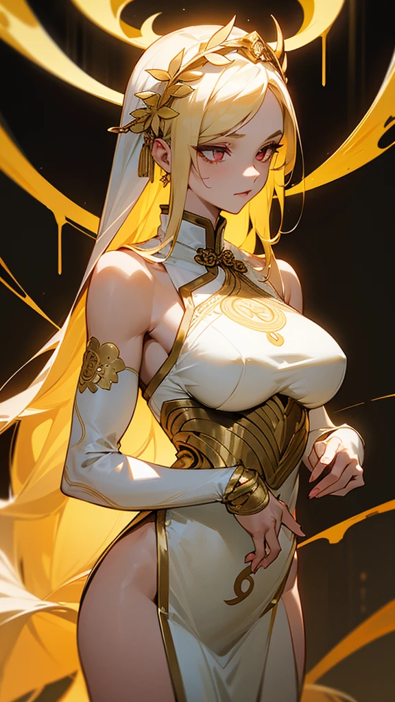 The Orders Appearance: A tall, lean yet muscular woman, with a long golden hair and eyes with black sclera, pale white skin and golden floral circuitry markings on her body, having a distinctive bust and a curvacious frame, she dons a white qipao with golden trims and hem and wears a golden Greek headpiece, detailed muscle groups and body frame.