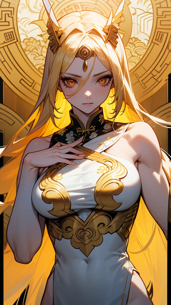 The Orders Appearance: A tall, lean yet muscular woman, with a long golden hair and eyes with black sclera, pale white skin and golden floral circuitry markings on her body, having a distinctive bust and a curvacious frame, she dons a white qipao with golden trims and hem and wears a golden Greek headpiece, detailed muscle groups and body frame.