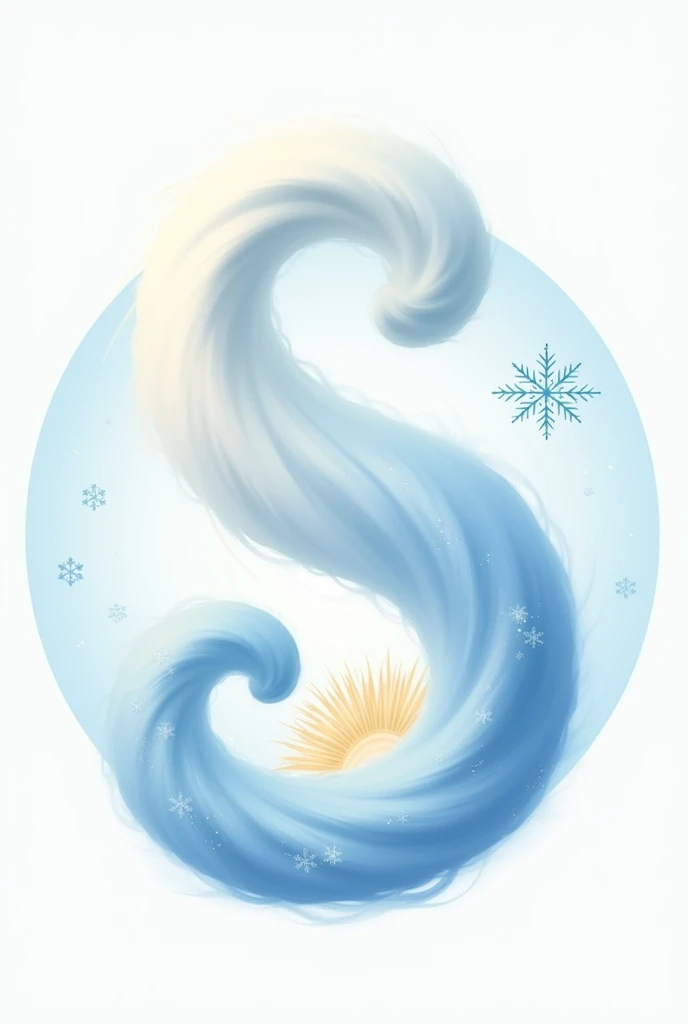 A letra "S" that starts from top to bottom in white and ends in light blue. On its upper right side is a light blue snowflake and on its lower left side is a sun.. And a light blue circle outlining all the elements.