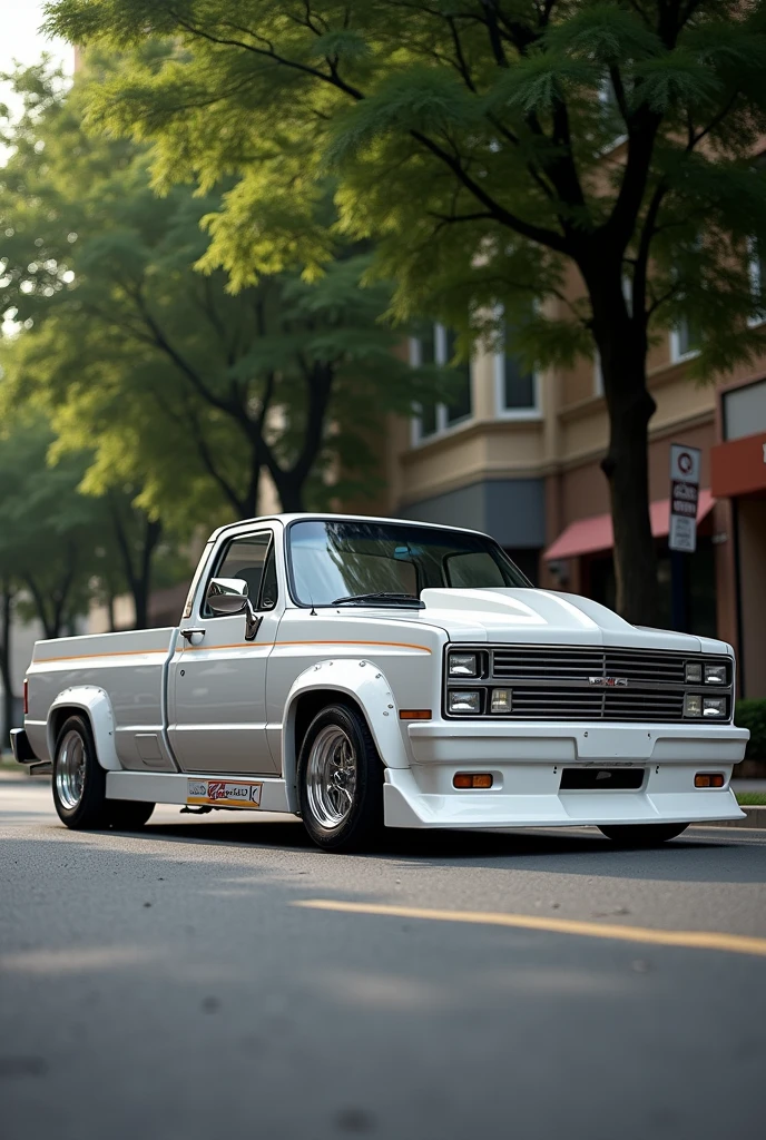 "Create a detailed image of a classic, white, compact pickup truck with a sporty design. The truck has a sleek, aerodynamic shape with a lowered stance and wide, custom rims that give it a robust, aggressive look. The front of the truck features a bold grille with sharp headlights, and the side profile includes distinct decals and racing stripes, adding a vintage racing vibe. The setting is a quiet urban street, with the truck parked under the shade of large, green trees. The truck should exude a sense of speed and nostalgia, capturing the essence of 1990s-era street racing culture."