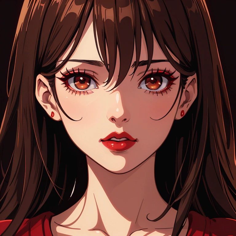 8k, highest quality, masterpiece, photorealistic, ultra-detailed, extremely detailed eyes and face, beautiful detailed lips, long eyelashes, dark brown hair, dark brown eyes, red lips, anime, portrait, dynamic pose, dramatic lighting, cinematic, simple background, vibrant colors, digital art