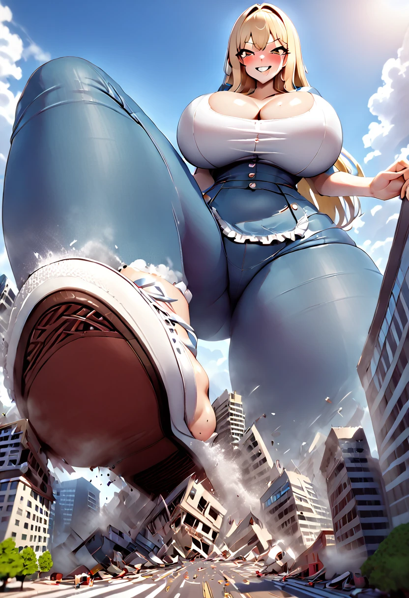 Giantess Woman with massive butt sitting crushing tiny city buildings beneath her smiling at viewer, wearing tight ripped clothes, massive legs thick thighs, sitting on tiny city crushing tiny city under her ass, happy excited giantess, giantess sitting on tiny city,huge blonde hair, beautiful girls bigger than skyscrapers, those who don't wear shoes, very small metropolis, microcity, Smash the Big City, full body description, ＧＴＳcity stomping, city collapsing, small town, microcity, high resolution , best quality, masterpiece, maid, crush building, ready for stampede, frolicking, low angle view, wrapped in villain, lifting skirt, arrogant, evil laugh, young mother, torn clothes, wide hips, giant breasts, crying, eating people, crushing people