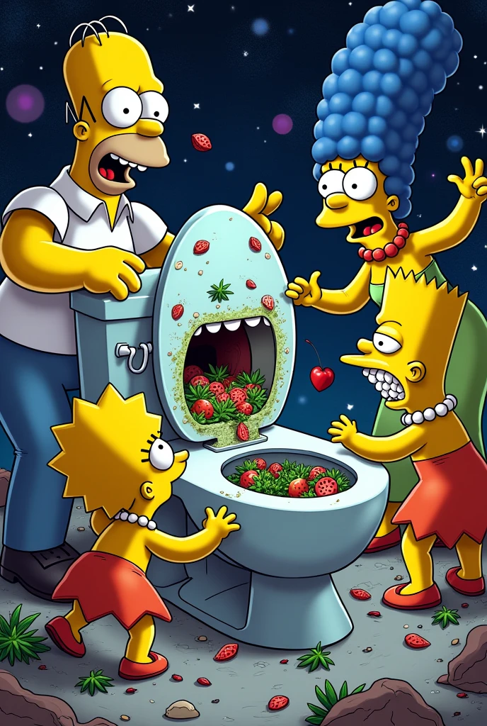 Skibidi toilet having pvp with the simpsons while eating nashe salads in space