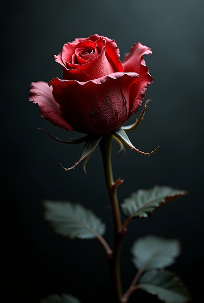 Image of a withered rose:
 
- Image: a withered rose, with faded and fallen petals. The rose could be on a dark background, creating a dramatic contrast.
- Color: Dark shades of red and black dominate. A touch of grey or brown can be used to give a more realistic effect..
- Contrast: The details of the withered rose should stand out against the dark background., creating a dramatic and melancholic effect.