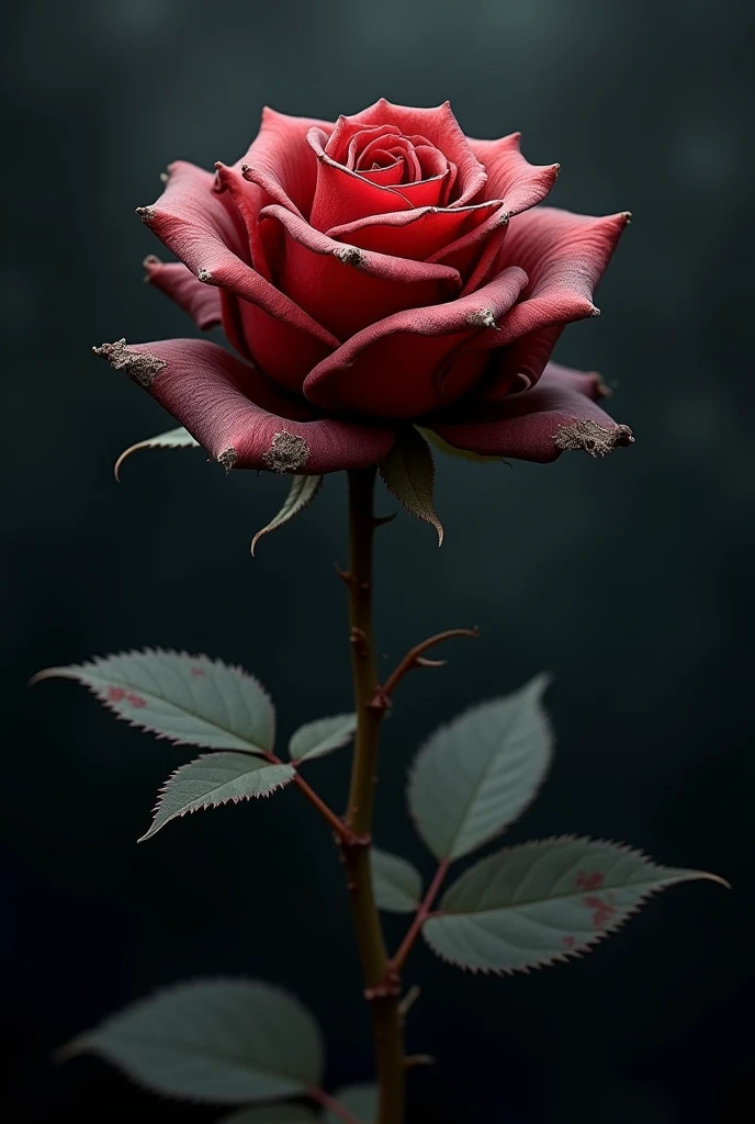 Image of a withered rose:
- Image: a withered rose, with faded and fallen petals. The rose could be on a dark background, creating a dramatic contrast.
- Color: Dark shades of red and black dominate. A touch of grey or brown can be used to give a more realistic effect..
- Contrast: The details of the withered rose should stand out against the dark background., creating a dramatic and melancholic effect.