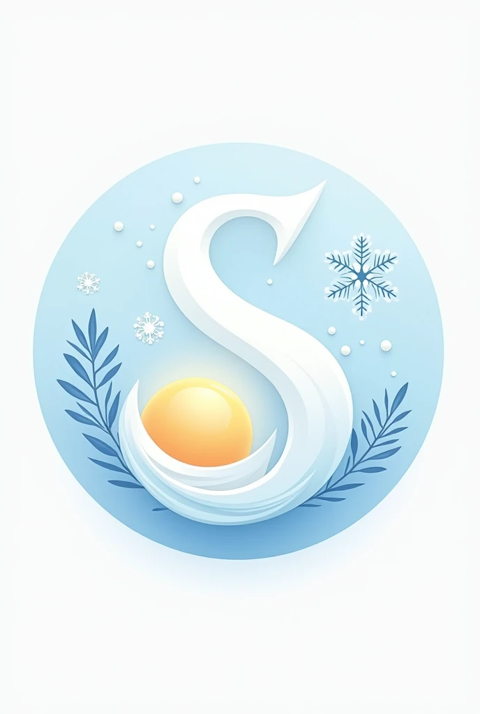 A letra "S" that starts from top to bottom in white and ends in light blue. On its upper right side is a light blue snowflake and on its lower left side is a sun.. And a light blue circle outlining all the elements.