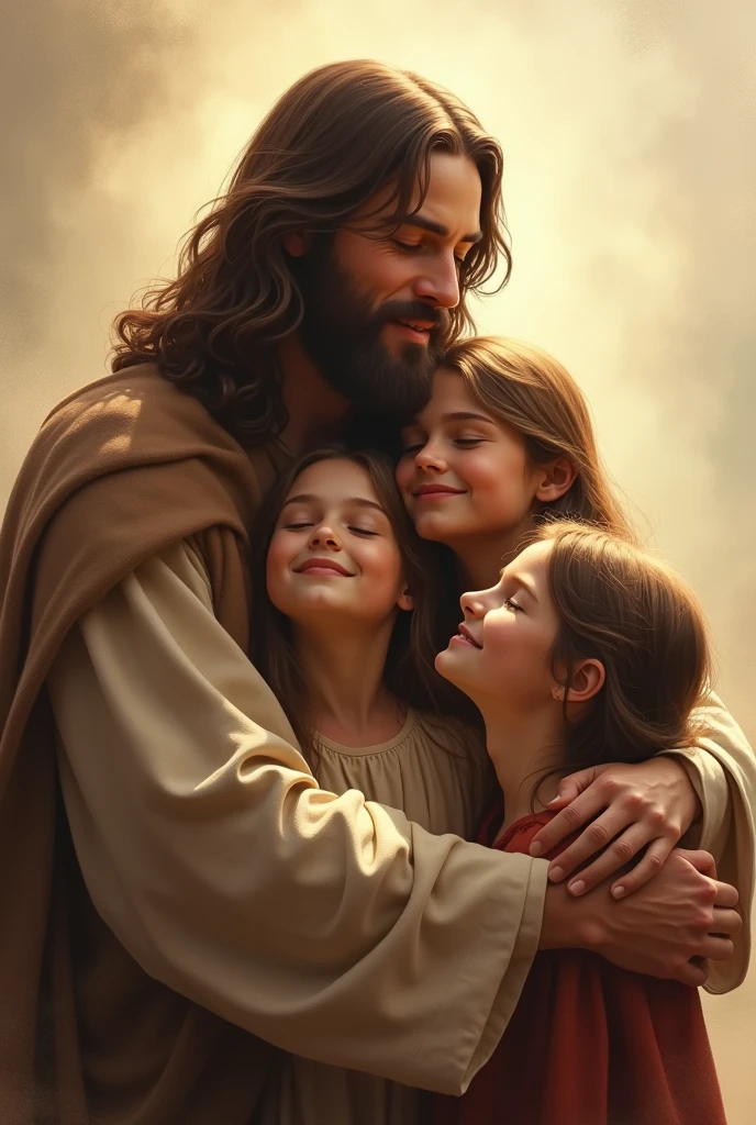 Jesus Christ hugging young people from behind 
