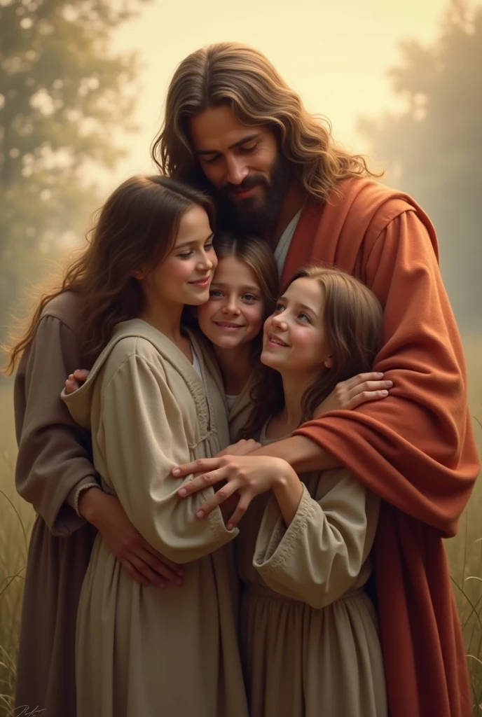 Jesus Christ hugging young people from behind