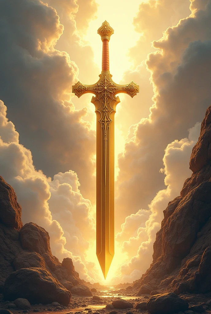 a big gold sword into rock background of kindgom of heaven in white cloud