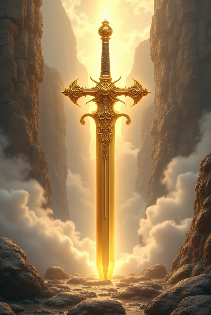 a big gold sword into rock background of  kindgom of heaven in white cloud