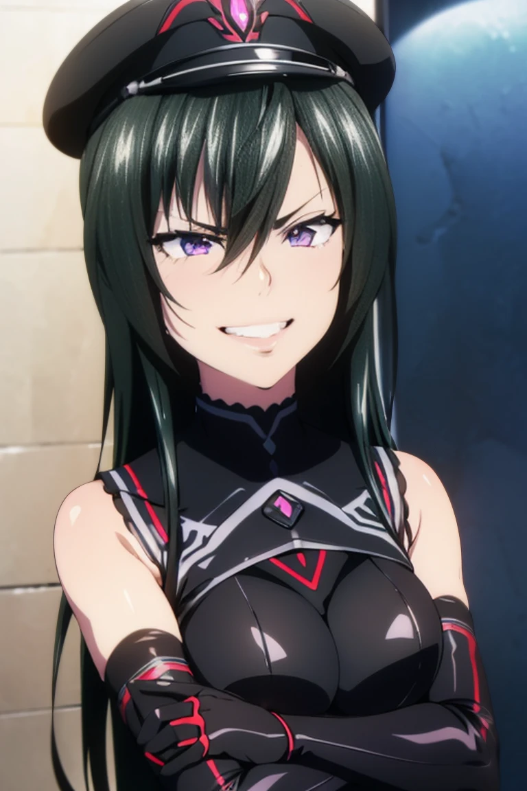 beautiful, masterpiece, ultra detailed, extremely detailed, ultra high res, 8k, beautiful detailed face, anime screencap, heart shaped face woman, (black hair:1.2), long hair, hair between eyes, large breasts, fearless face, sharp face, slant eyes, cat eyes, 170cm tall, adult, perfect proportion, (((black high-leg leotard))), (((dare shoulder))), cleavage, (((thigh boots))), choker, (((military cap))), anime style, ultra detailed beautiful face and eyes, front view, raw phot, incredibly absurdres, Beautiful portrait of cute anime girls, super fine illustration, full-hd, hdr, best aesthetic, distinct, exquisite, masterwork, by famous artist, highers, (((perfect anatomy))), mocking, (((rape face))), (((evil grin))), intense eyes, sadistic, gleaming skin, oil skin, slut face, full-face blush, smirking, mischievous grin, furrowed mouth, both legs, pouty lips, downturned corners, rosy hue, grin widely, cheeky smirk, (((bad-tempered glare))), gloating, crazy smile, scary face, cruel smile, fang, connected teeth,, (((elbow gloves))), (((big connected teeth)), glare, grimace, smirk, (((scowling face))), smile broadly, symmetrical eyes, even eyes, perfect eyes, (((squinting eyes))), deep detailed eyes, shiny clothes, 1girl, solo, smug, smile grimly, (((dimpled smile))), pink eyes, (((upper body shot and standing))), (((laugh))), (((pleasure face))), (((brutality face))), (((scary face))), (((fang))), super detailed skin, official art, production art, top quality, high quality, amazing quality, finely quality, fantastic, professional quality,