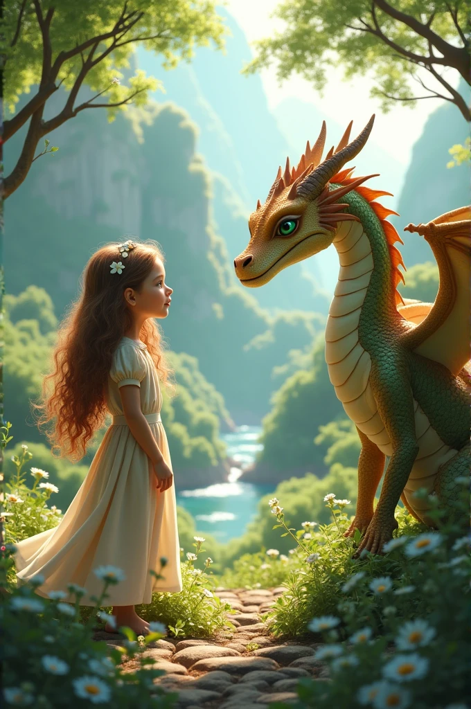 I want a princess and a dragon in a beautiful landscape and the princess and the dragon are friends and the princess is a beautiful young girl with honey brown hair