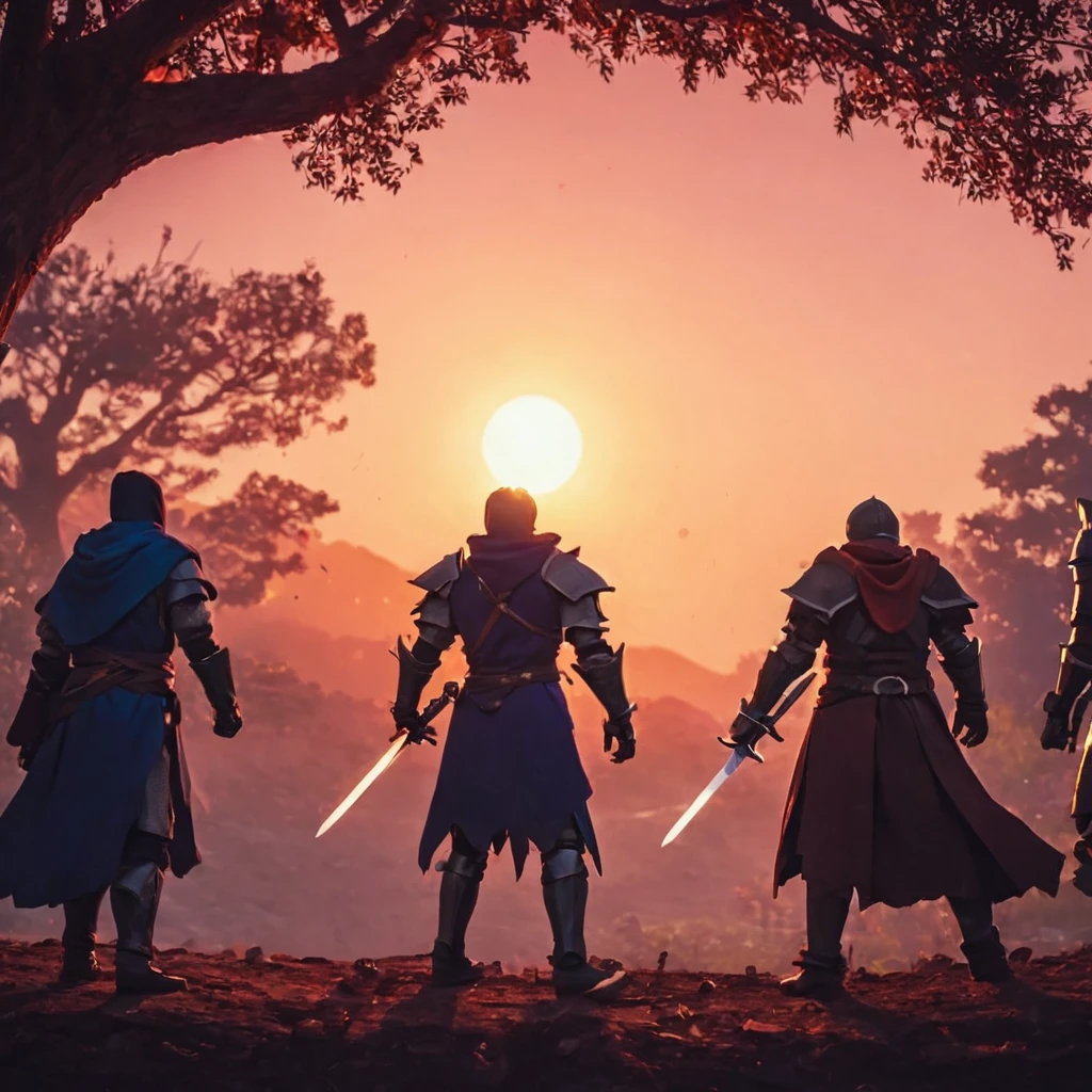 action movie shot, four heroes from the back, knight, mage, healer, assassin, cartoonish pixel style, no face details, large tree in the background, dynamic poses, intense atmosphere, vibrant colors, sunset colors, dramatic lighting, [heroic silhouettes], [adventurous setting], [epic backdrop], [action-packed scene], [strong composition]