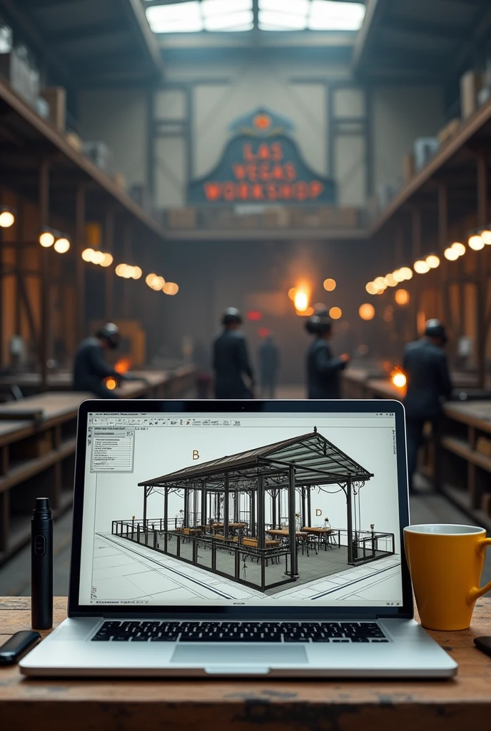 Laptop screen shot showing 3d design of iron frame cafe. Beside the laptop is a black vape the size of a finger and a yellow coffee cup.. Behind the laptop there are several welders welding iron fences and canopies in a large warehouse with lots of iron poles., there is a metal sign that says Las Vegas Workshop