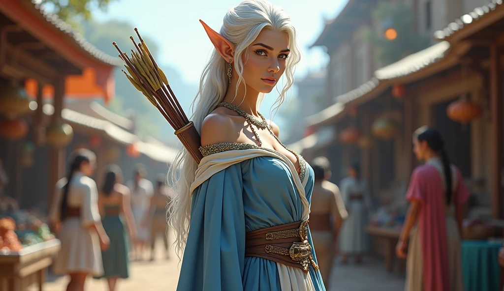 Full body portrait. A very beautiful adult female elf, wearing blue and white clothes while carrying a bow. The background is a market in a very lively elf village. This scene is a highly detailed 3D digital art, fantasy character portrait, fantasy concept art portrait, female protagonist.
