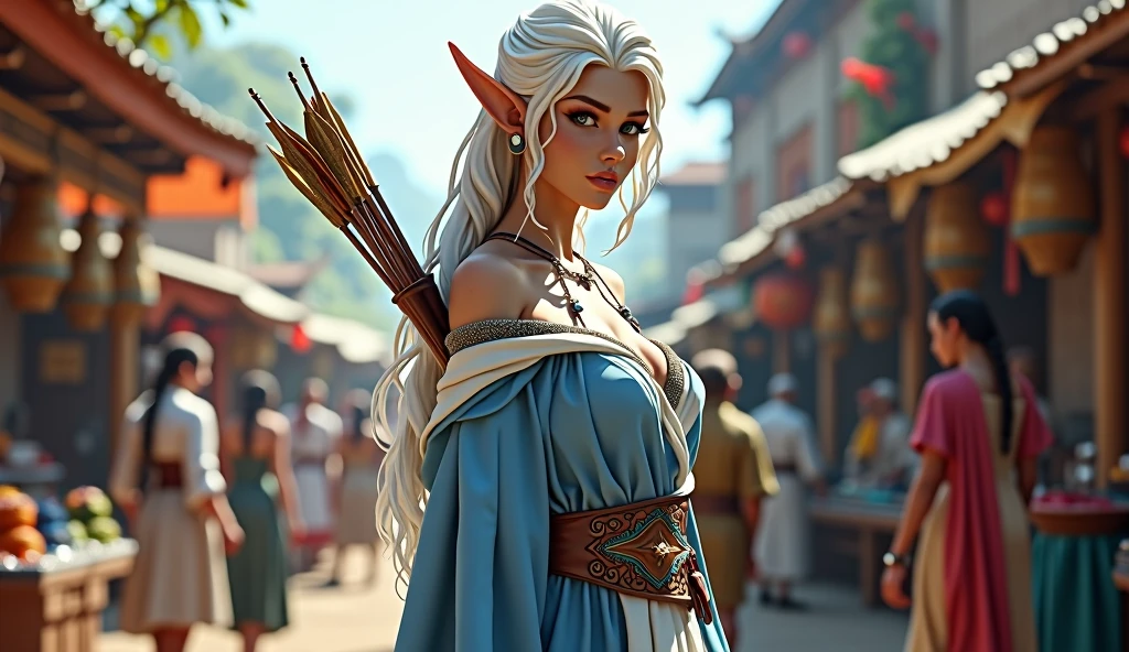 Full body portrait. A very beautiful adult female elf, wearing blue and white clothes while carrying a bow. The background is a market in a very lively elf village. This scene is a highly detailed 3D digital art, fantasy character portrait, fantasy concept art portrait, female protagonist.