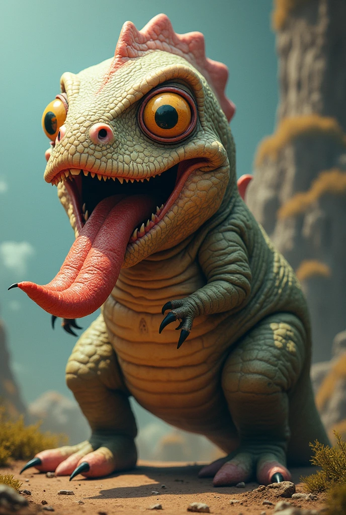 a dinosaur with a big tongue sticking out of a big anus and hair that forms a bald spot