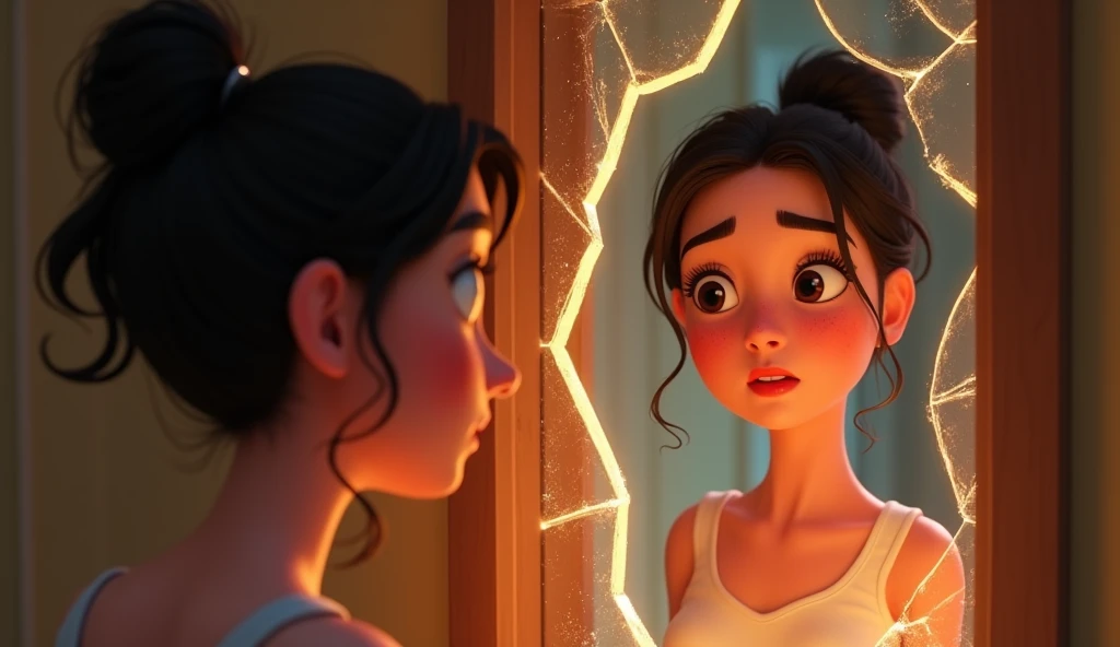 A woman stands in front of a mirror, looking at her reflection. Her face still shows signs of violence, but there is a glimmer of hope in her eyes. The mirror is cracked in places, symbolizing her shattered life. However, a small light shines on her face, signaling the beginning of a rebirth,with decent clothes, style 3d pixar animation