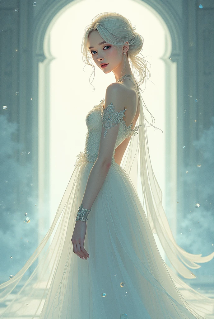 women slender fancy priestess light clothing dress head on anime style