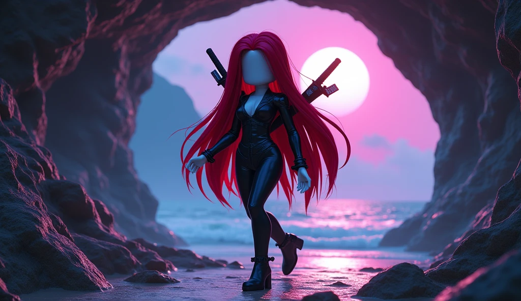 Beautiful tall square Roblox female doll, with long red hair, gothic clothes with two katanas on the back and no lips, white skin, no mouth and beautiful body, dancing in a cave, cartoon, Vice City GTA, background of a beach in a cave