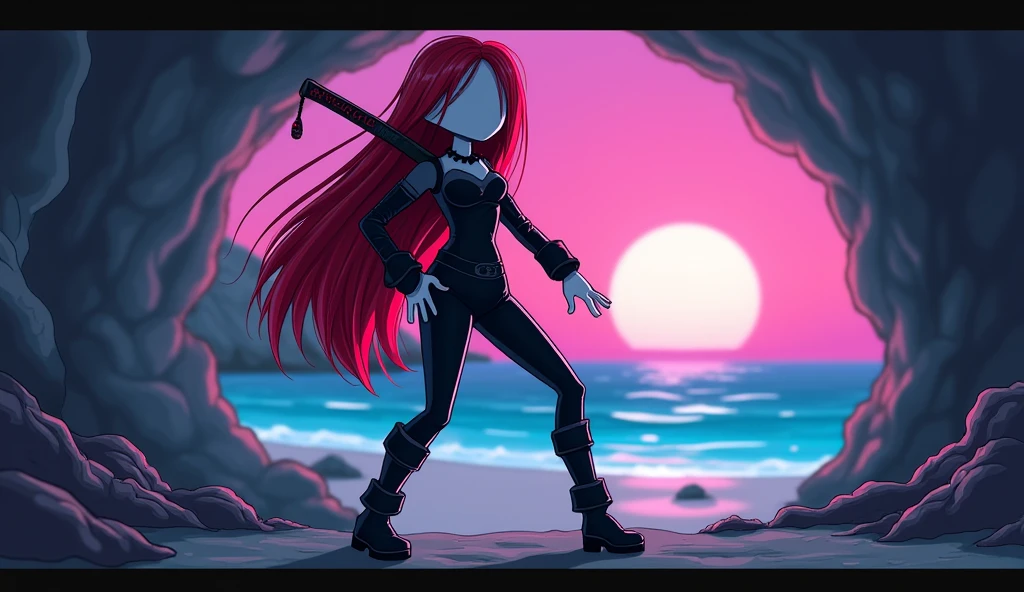 Beautiful tall square Roblox female doll, with long red hair, gothic clothes with two katanas on the back and no lips, white skin, no mouth and beautiful body, dancing in a cave, cartoon, Vice City GTA, background of a beach in a cave