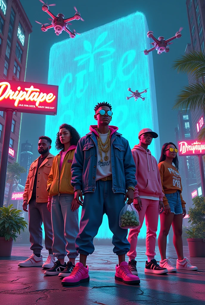 Design a 3d book cover fort the book dripetape.                                                                                                                                                        Book cover for Driptape:

A neon-lit cityscape with 90s-style graffiti adorns the background. In the foreground, a group of friends from the 90s East Oakland dope boy era pose confidently, surrounded by futuristic gadgets and lush greenery. The leader, dressed in a bold gold chain and oversized denim jacket, holds a bag full of stolen ???????? like a trophy. His crew, sporting retro-style sunglasses and chunky sneakers, stand shoulder-to-shoulder behind him.  The scene should have Four african american males and Two african american females, all dressed in fresh east oakland dope boy attire with a futuristic twist.

The city's towering skyscrapers are adorned with holographic advertisements and surveillance drones hover above, casting an air of paranoia. The group's adventure is captured in a split-second snapshot: they're on the run from the Grey State Nation's authorities, with surveillance drones chasing them down the street. In the distance, the imposing Ice Wall looms, symbolizing their next adventure.

In the top-left corner, the title Driptape is emblazoned in bold, graffiti-style letters, while the tagline High-stakes, high-tech, and higher than the rest appears below. The cover art blends futuristic and retro elements, reflecting the story's unique blend of cannabis culture, technological advancements, and 90s nostalgia.