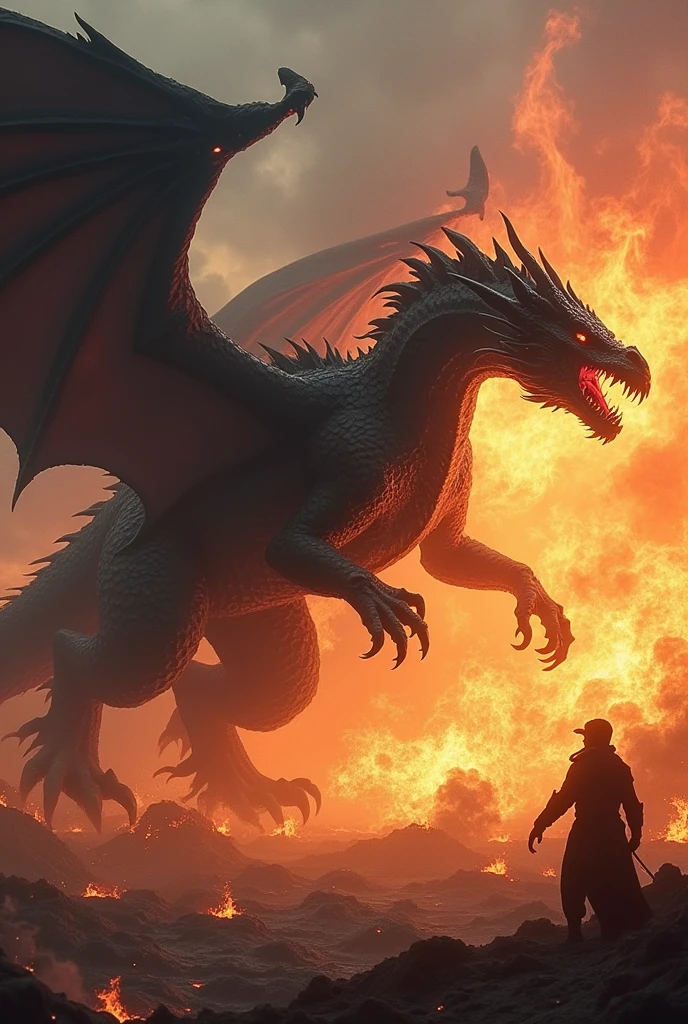 Black dragon breathing fire at its enemies.