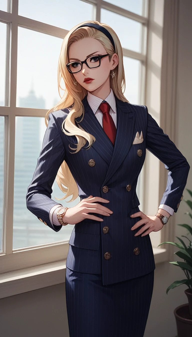 score_9, score_8_up, score_7_up, score_6_up, source_anime, double-breasted suits, 1girl, solo, blonde hair, long hair, swept back hair, hairband, glasses, formal, jewelry, suit, red necktie, earrings, jacket, shirt, standing, hand on hip, window, black eyes, watch, navy pinstripe jacket, wristwatch, light blue shirt with white shirt collar, red lips, skirt, makeup