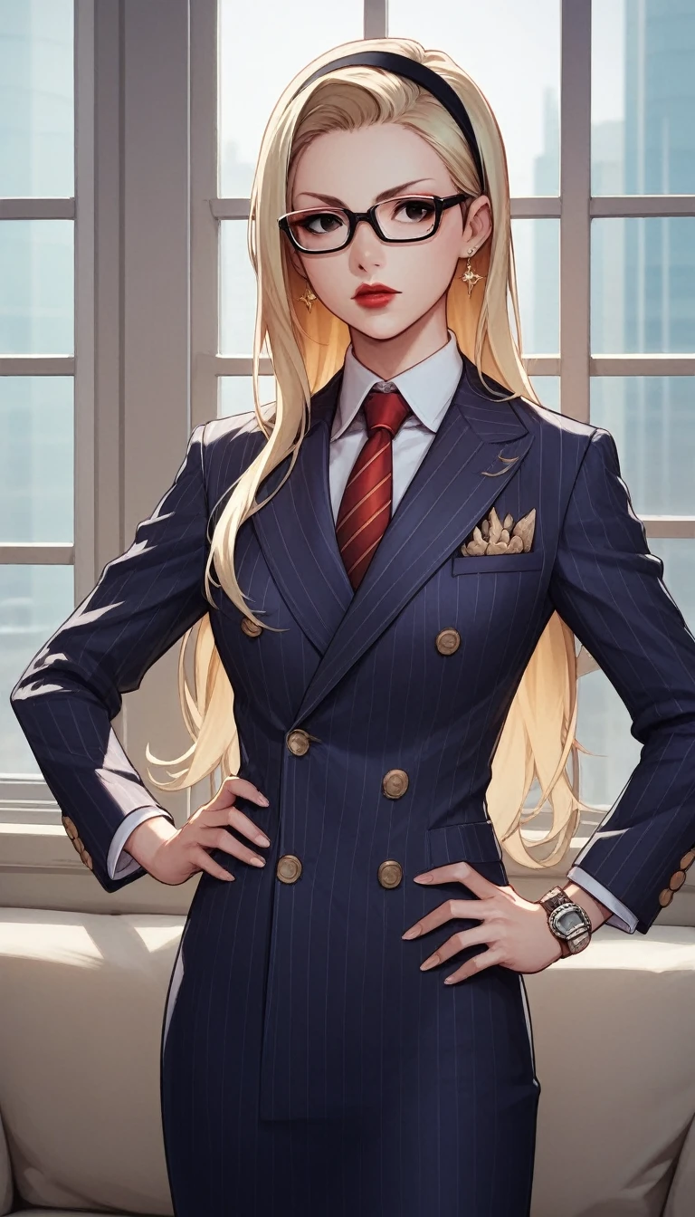 score_9, score_8_up, score_7_up, score_6_up, source_anime, double-breasted suits, 1girl, solo, blonde hair, long hair, swept back hair, hairband, glasses, formal, jewelry, suit, red necktie, earrings, jacket, shirt, standing, hand on hip, window, black eyes, watch, navy pinstripe jacket, wristwatch, light blue shirt with white shirt collar, red lips, skirt, makeup