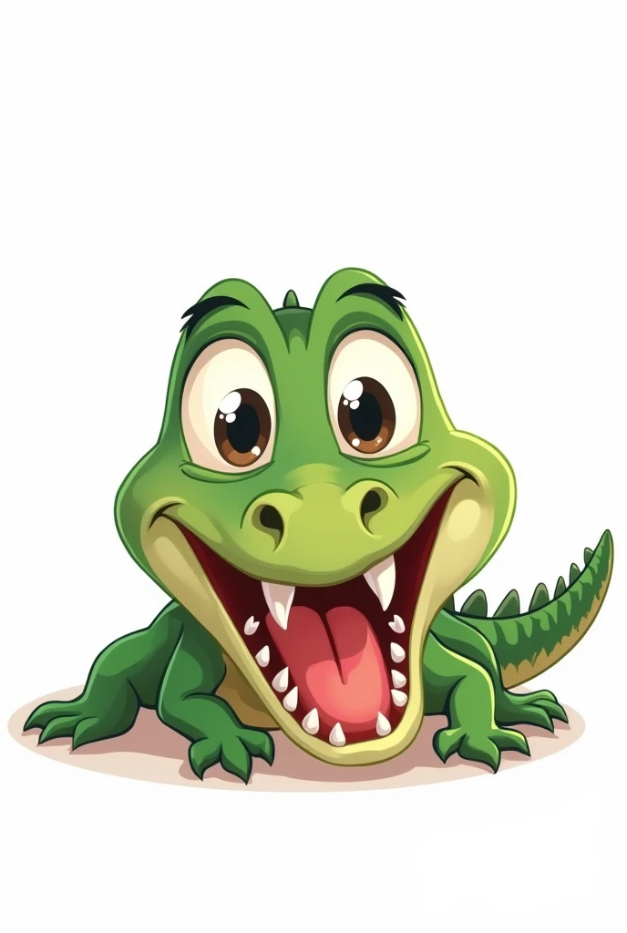 Cartoon of young crocodile lying on the ground with mouth open on white background