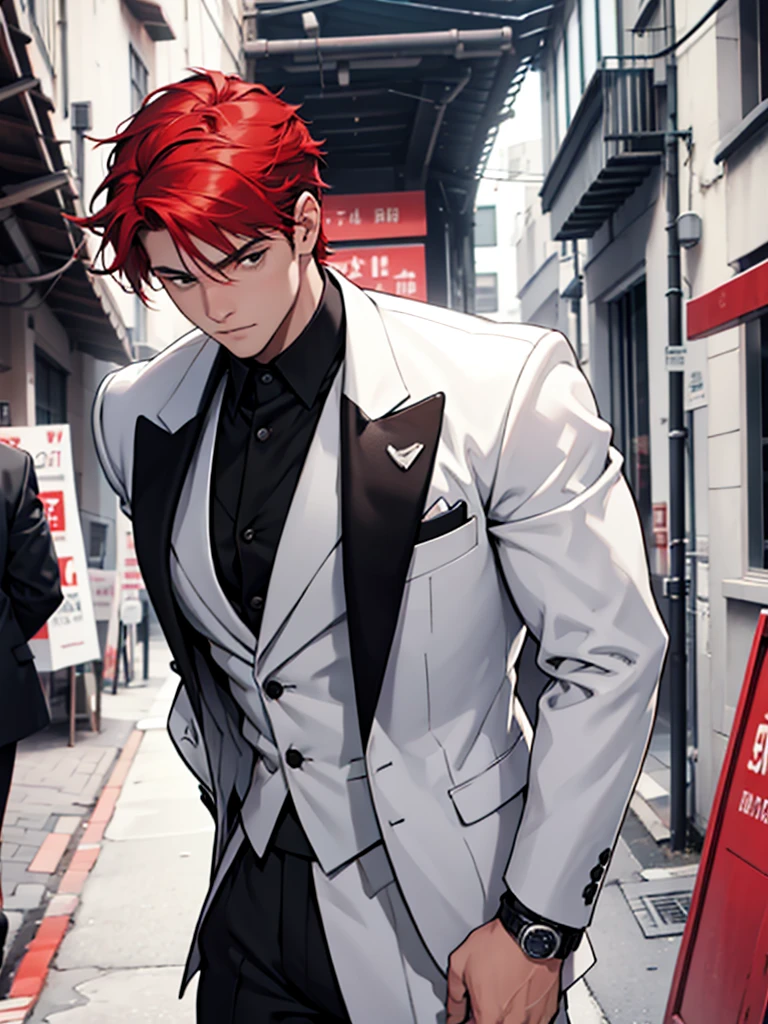1 guy with short red hair, in a classic black and white suit, dynamics