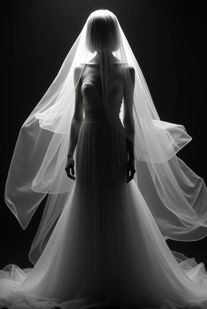 Image of a silhouette of a woman with a veil:
 
- Image: The silhouette of a woman with a white and ethereal veil. The silhouette should be sharp and defined., while the veil should be soft and diffused.
- Color: Gray tones for the silhouette, white for the veil. The background could be dark and enigmatic.
- Contrast: The silhouette should contrast with the white veil and the dark background., creating a visually striking effect.