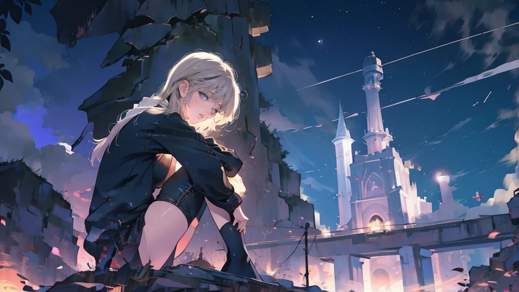 masterpiece,night,(dark alley),star、Night evening Sky、milky way、octone、
(1. Female), (solo), Knee hugging sitting,acousticguitar
