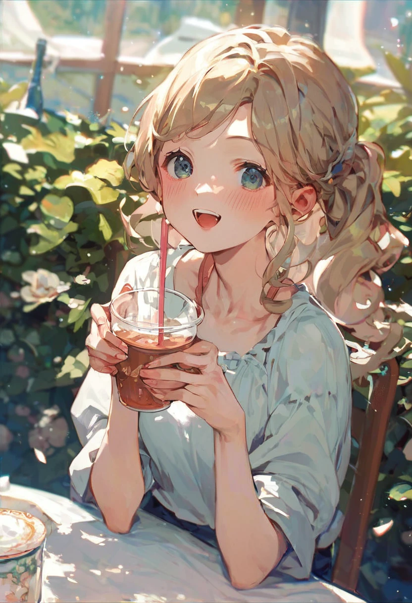 score_9, score_8_up, score_7_up, source_anime, arianna, a girl sitting behind a table drinking tea, blush, happy