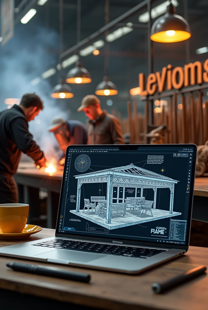 Laptop screen shot showing 3d design of iron frame cafe. Beside the laptop is a black vape the size of a finger and a yellow coffee cup.. Behind the laptop there are several welders welding iron fences and canopies in a large warehouse with lots of iron poles., there is a metal sign that says Las Vegas Workshop